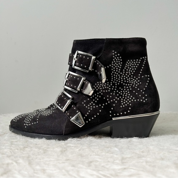 Chloe Shoes - Chloe Susanna Black Suede Studded Ankle Boots Silver Buckles EU 35.5 Western
